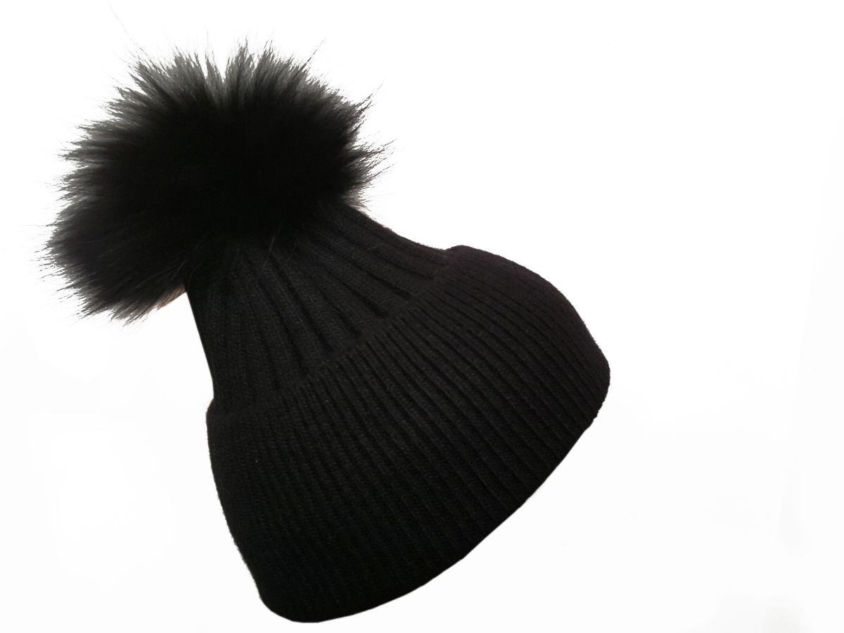 Feather Skin Black Bobble Hat with Black Fur