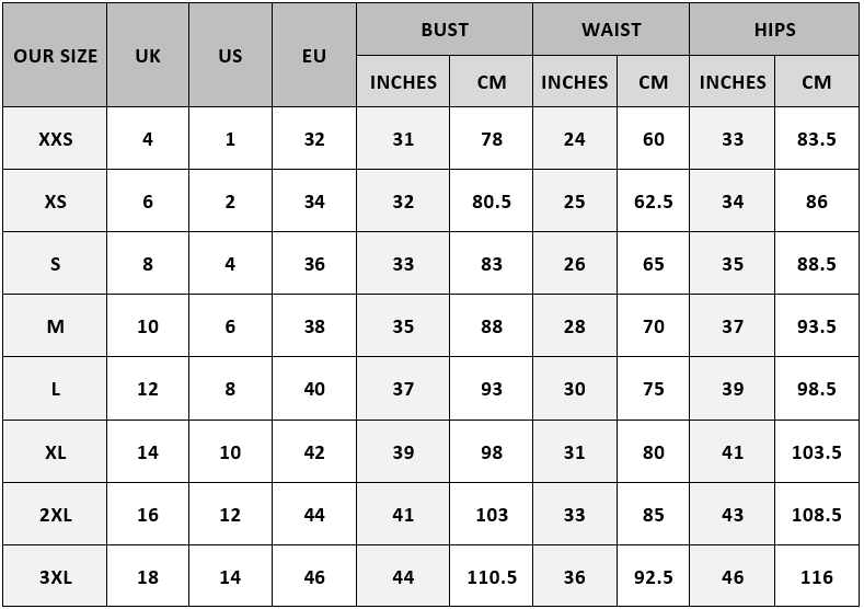 Size guide for leather jackets Feather Skin