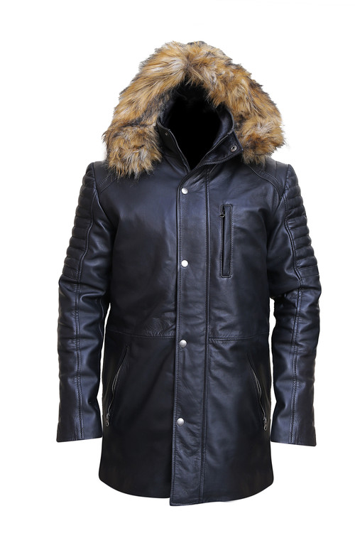 Mens Leather Parka Jacket Black - Main Image