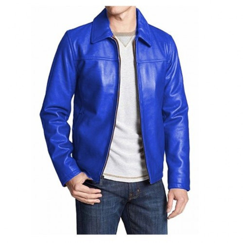 Men's Casual Stand Collar Navy Blue Leather Jacket - Jackets Masters