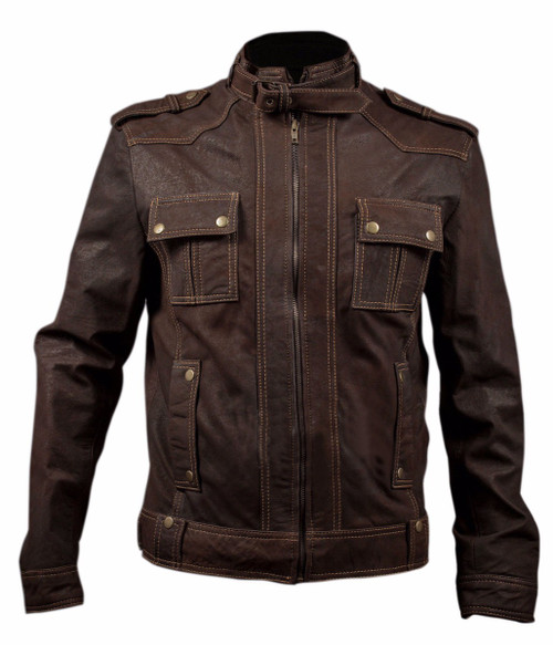 Slim Fit Stone Wash Brown Leather Jacket with Strap Collar from Feather Skin