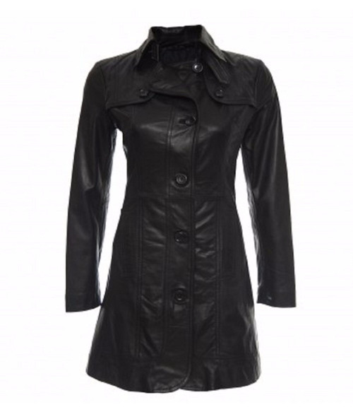 Women Knee Length Black Leather Coat Feather Skin