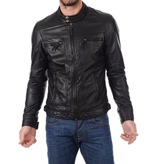 Men's Biker Slim Fit Genuine Leather Jacket Black | Feather Skin