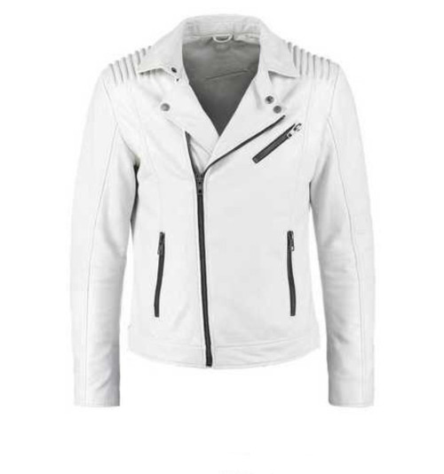 Men's Biker Style Motorbike White Genuine Leather Jacket BK005 from Feather Skin