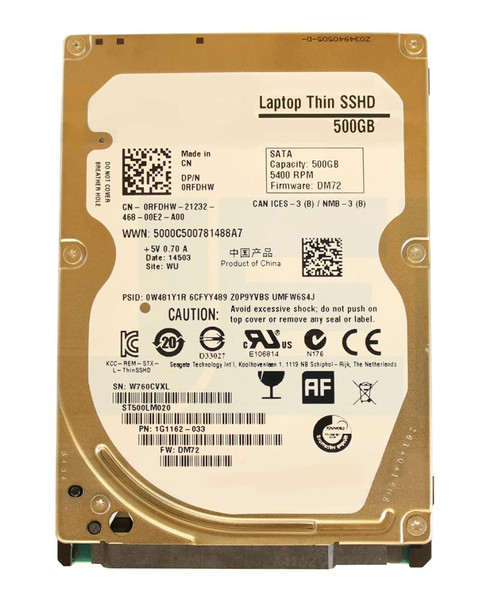 RFDHW - Dell 500GB 5400RPM Multi-Level Cell 8GB NAND SATA 6Gb/s 64MB Cache 2.5-Inch Hybrid Hard Drive
