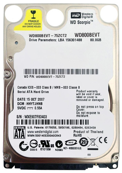 WD800BEVT-75ZCT2 - Western Digital Scorpio Blue 80GB 5400RPM SATA 3Gb/s 8MB Cache RoHS 2.5-Inch Hard Drive