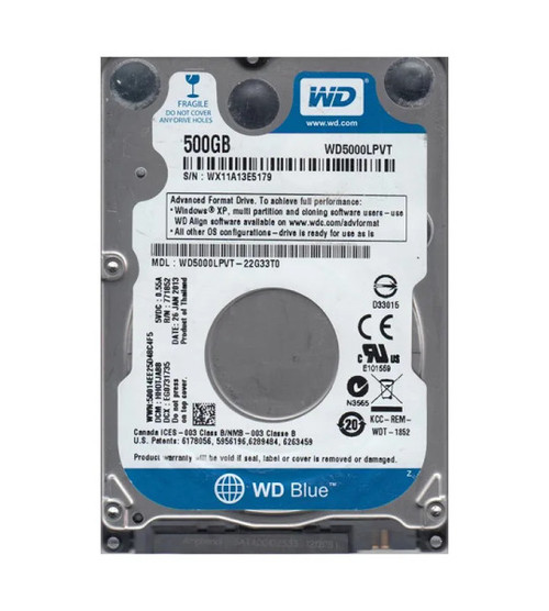 WD5000LPVT-22G33T0 - Western Digital Scorpio Blue 500GB 5400RPM SATA 3Gb/s 8MB Cache 2.5-Inch Hard Drive
