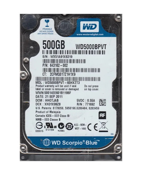 WD5000BPVT-60HXZT3 - Western Digital Scorpio Blue 500GB 5400RPM SATA 3Gb/s 8MB Cache 2.5-Inch Hard Drive