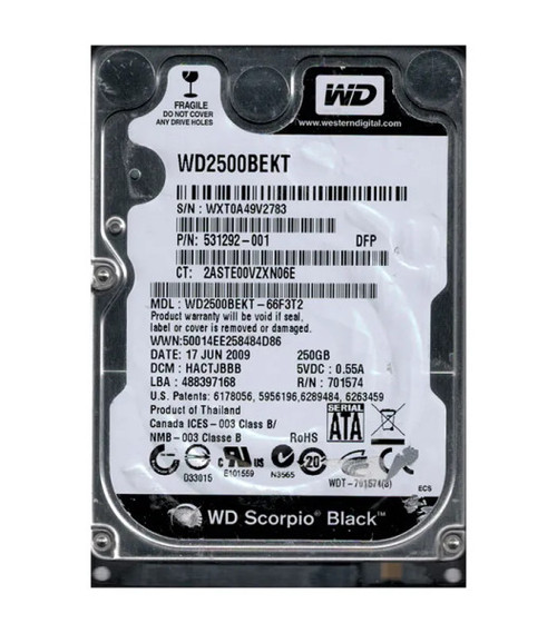 WD2500BEKT-66F3T2 - Western Digital Scorpio Black 250GB 7200RPM SATA 3Gb/s 16MB Cache RoHS 2.5-Inch Hard Drive