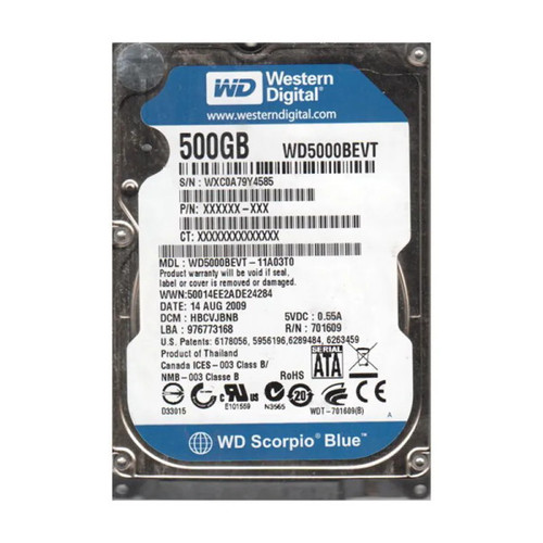 WD5000BEVT-11A03T0 - WESTERN DIGITAL 500GB 2.5-Inch SATA 3Gb/s 5400RPM Hard Drive Hot-Swappable 8MB Cache RoHS Compliant