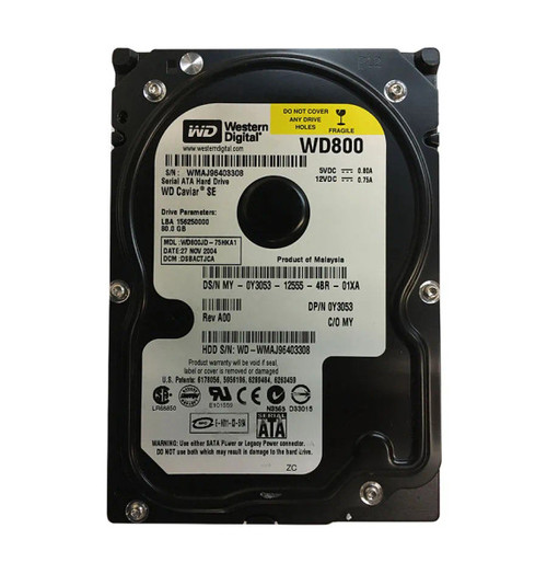 Y3053 - Dell 80GB SATA Hard Drive 7200RPM 1.5Gb/s 8MB Cache 3.5-Inch Internal HDD