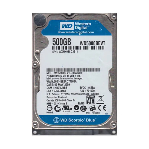 WD5000BEVT-00A03T0 - WESTERN DIGITAL 500GB SATA 3Gb/s 5400RPM 2.5-Inch Hard Drive Hot-Swappable 8MB Cache RoHS Compliant