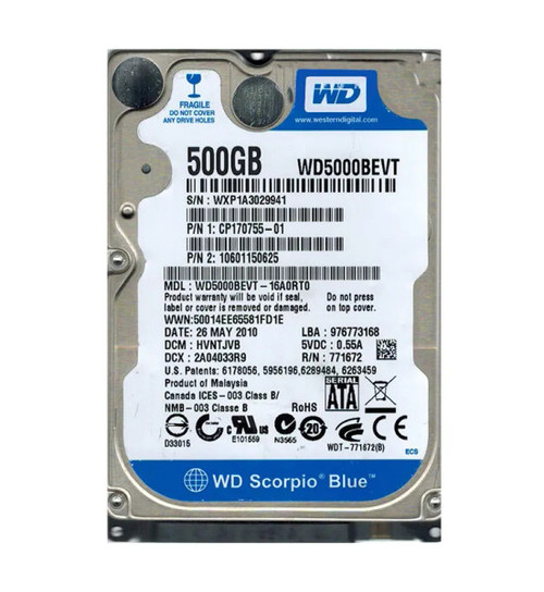 WD5000BEVT-16A0RT0 - WESTERN DIGITAL 500GB SATA 3Gb/s 5400RPM 2.5-Inch Hard Drive Hot-Swappable 8MB Cache RoHS Compliant
