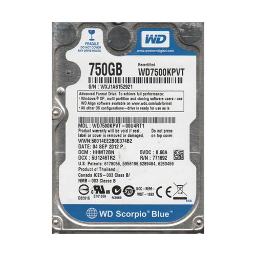 WD7500KPVT-00U4RT1 - Western Digital Scorpio Blue 750GB 7200RPM SATA 3Gb/s 7-Pin 8MB Cache 2.5-Inch Hard Drive