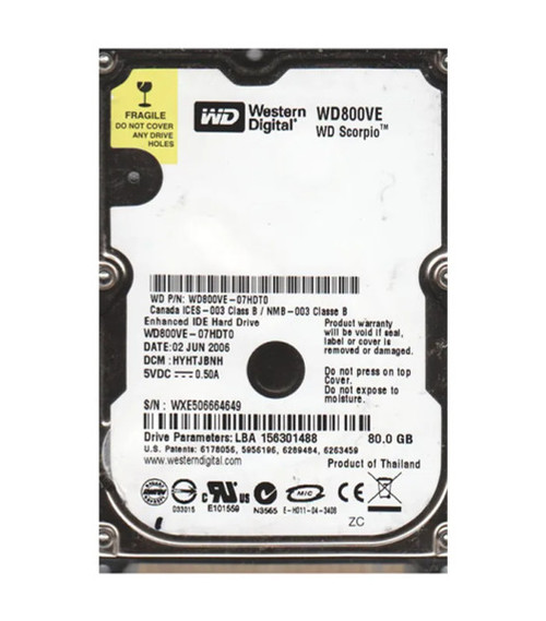 WD800VE-07HDT0 - Western Digital Scorpio 80GB 5400RPM ATA-100 8MB Cache 2.5-Inch Hard Drive