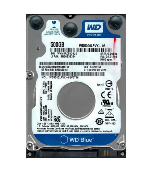 WD5000LPVX-08V0TT6 - Western Digital Blue 500GB 5400RPM SATA 6Gb/s 8MB Cache RoHS 2.5-Inch Hard Drive