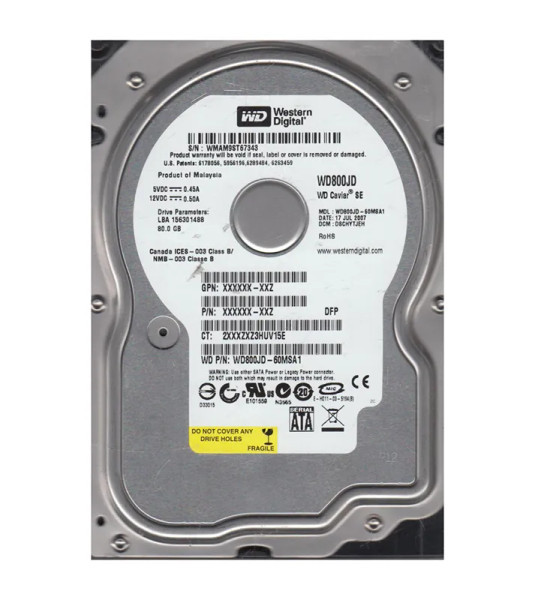 WD800JD-60MSA1 - WESTERN DIGITAL 80GB SATA 7200RPM 3.5-Inch Hard Drive 8MB Cache 1.5Gb/s Internal HDD