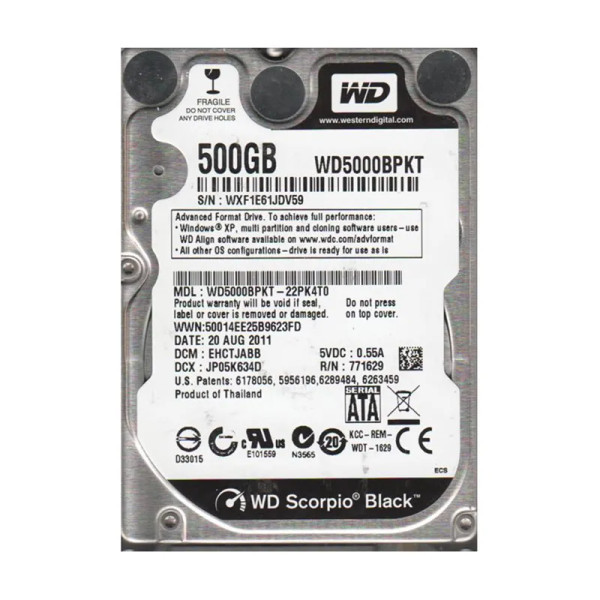 WD5000BPKT-22PK4T0 - Western Digital Scorpio Black 500GB 7200RPM SATA 3Gb/s 16MB Cache 2.5-inch Hard Drive