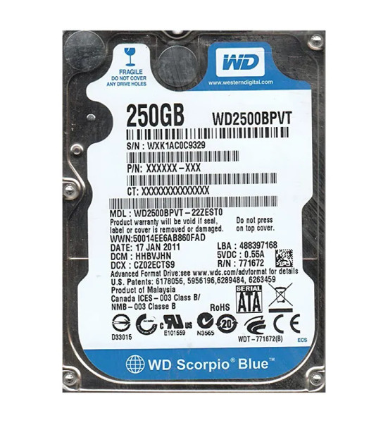 WD2500BPVT-22ZEST0 - Western Digital Scorpio Blue 250GB 5400RPM SATA 3Gb/s 8MB Cache RoHS 2.5-Inch Hard Drive