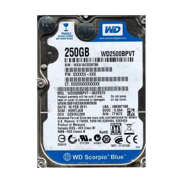 WD2500BPVT-80ZEST0 - WESTERN DIGITAL 250GB 2.5-Inch SATA Hard Drive 5400RPM 8MB Cache 3Gb/s RoHS Compliant Internal HDD
