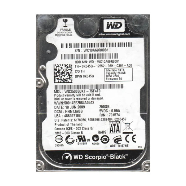 WD2500BJKT-75F4T0 - Western Digital Scorpio Black 250GB 7200RPM SATA 3Gb/s 16MB Cache RoHS 2.5-Inch Hard Drive