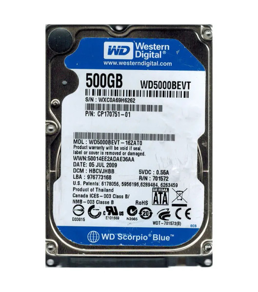 WD5000BEVT-16ZAT0 - WESTERN DIGITAL 500GB 2.5-Inch SATA 3Gb/s 5400RPM Hard Drive Hot-Swappable 8MB Cache RoHS Compliant
