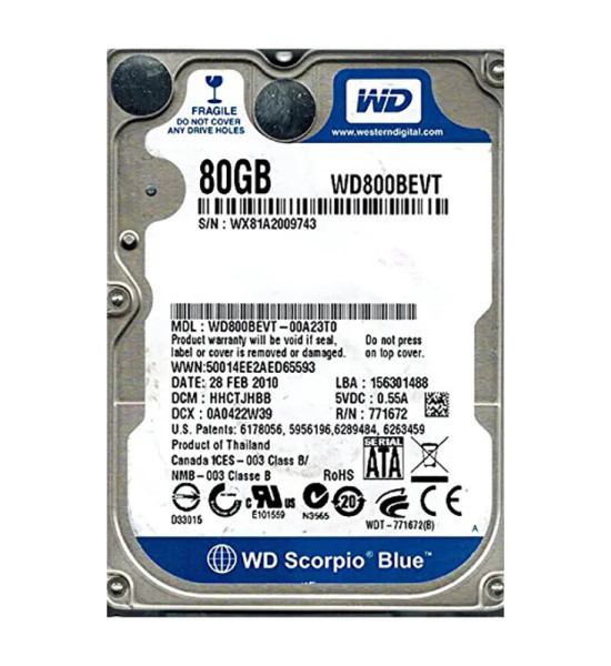 WD800BEVT - Western Digital Scorpio Blue 80GB 5400RPM SATA 3Gb/s 8MB Cache RoHS 2.5-Inch Hard Drive