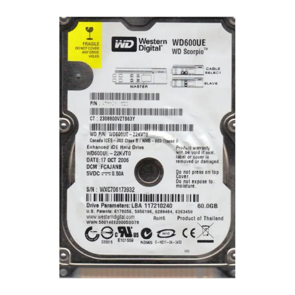 WD600UE-22KVT0 - Western Digital Scorpio 60GB 5400RPM EIDE 2MB Cache 2.5-Inch Hard Drive