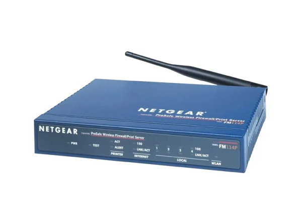 FM114P - Netgear ProSAFE 4 x Ports 10/100Base-TX LAN + 1 x Port RJ-45 WAN 11Mb/s 802.11b 2.4GHz Wireless Firewall Router