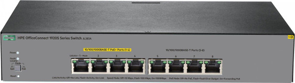 JL383AR - HPE OfficeConnect 1920S-8G PoE+ Switch, 4 PoE+ Ports, 4 RJ-45 Ports, Layer 2 Managed, Rack-Mountable