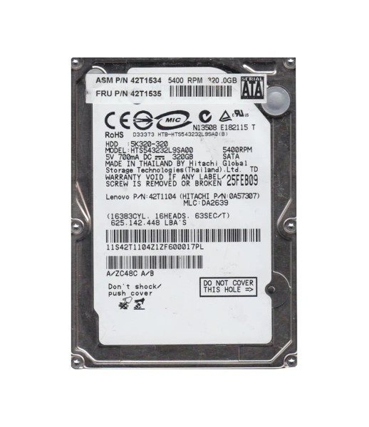 42T1534 - Lenovo 320GB 5400RPM SATA 1.5Gb/s 8MB Cache 2.5-Inch Hard Drive