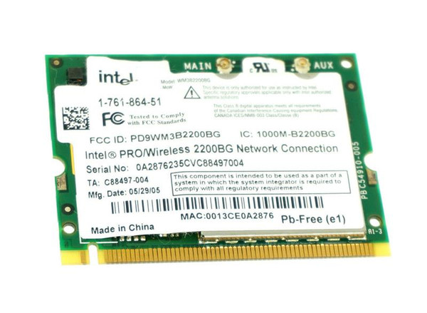D10709-004 - Intel PRO/Wireless 2200BG 2.4GHz 54Mbps IEEE 802.11b/g Mini PCI Type 3B Wireless Network Adapter