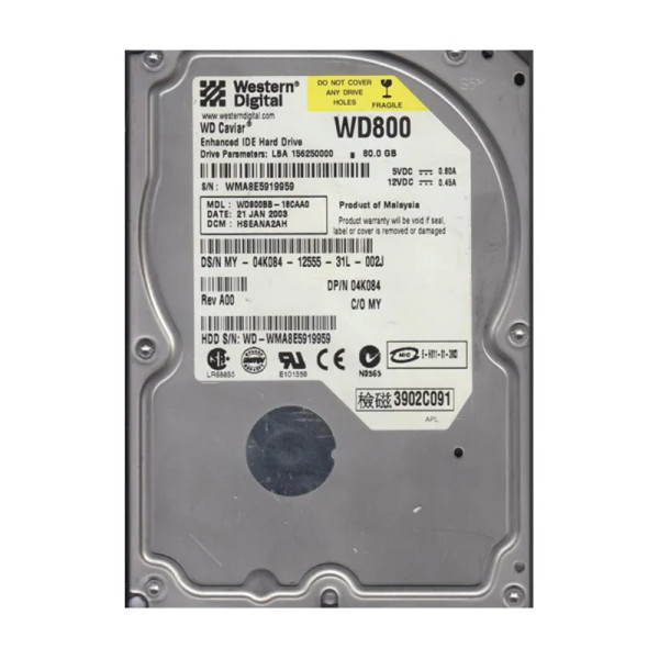WD800BB-18CAA0 - WESTERN DIGITAL 80GB 7200RPM EIDE 3.5-Inch Hard Drive 2MB Cache Caviar Internal Storage