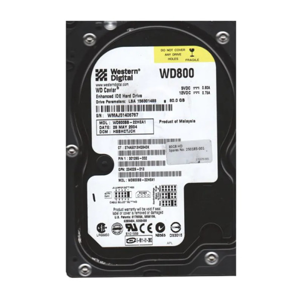 WD800BB-22HEA1 - WESTERN DIGITAL 80GB EIDE Hard Drive 7200RPM 2MB Cache 3.5-Inch Internal Storage