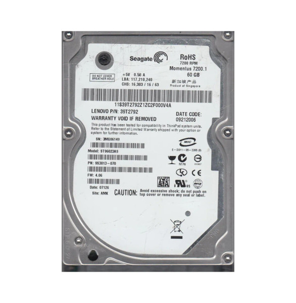 39T2792 - Lenovo 60GB 7200RPM SATA 1.5Gb/s 8MB Cache 2.5-Inch Hard Drive for ThinkPad R50