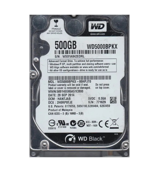 WD5000BPKX-00HPJT0 - Western Digital Black 500GB 7200RPM SATA 6Gb/s 16MB Cache RoHS 2.5-Inch Hard Drive