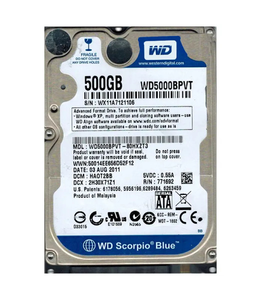 WD5000BPVT-80HXZT3 - Western Digital Scorpio Blue 500GB 5400RPM SATA 3Gb/s 8MB Cache 2.5-Inch Hard Drive