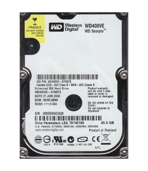 WD400VE-07HDT0 - WESTERN DIGITAL 40GB 5400RPM EIDE 2.5-Inch Hard Drive 8MB Cache Scorpio Internal HDD