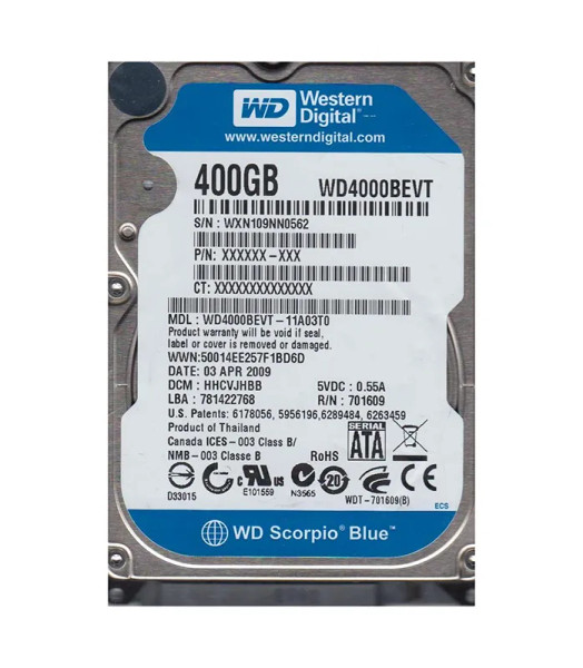WD4000BEVT-11A03T0 - Western Digital Scorpio Blue 400GB 5400RPM SATA 3Gb/s 8MB Cache RoHS 2.5-Inch Hard Drive