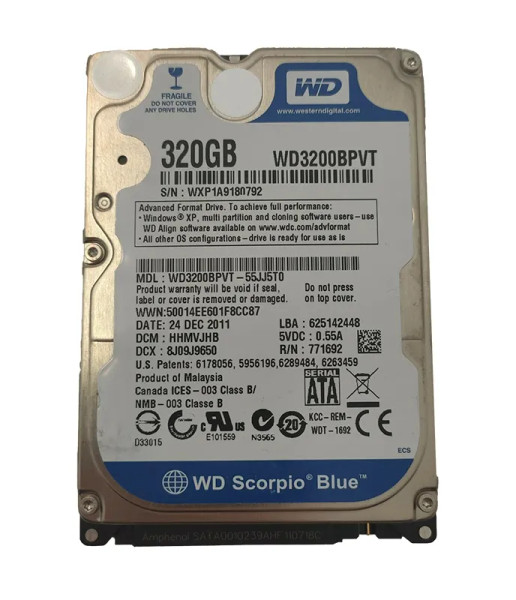 WD3200BPVT-55JJ5T0 - Western Digital Scorpio Blue 320GB 5400RPM SATA 3Gb/s 8MB Cache RoHS 2.5-Inch Hard Drive