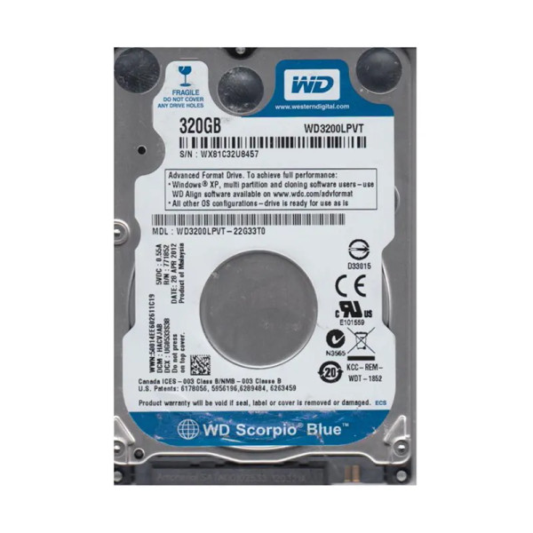 WD3200LPVT-22G33T0 - Western Digital Scorpio Blue 320GB 5400RPM SATA 3Gb/s 8MB Cache RoHS 2.5-Inch Hard Drive