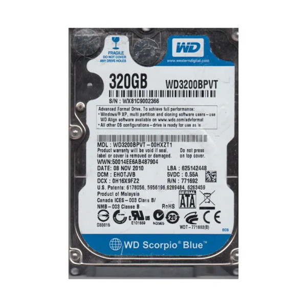 WD3200BPVT-00HXZT1 - Western Digital Scorpio Blue 320GB 5400RPM SATA 3Gb/s 8MB Cache RoHS 2.5-Inch Hard Drive
