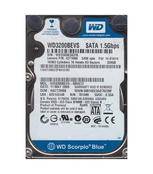 WD3200BEVS-08VAT2 - Western Digital Scorpio Blue 320GB 5400RPM SATA 1.5Gb/s 8MB Cache RoHS 2.5-Inch Hard Drive