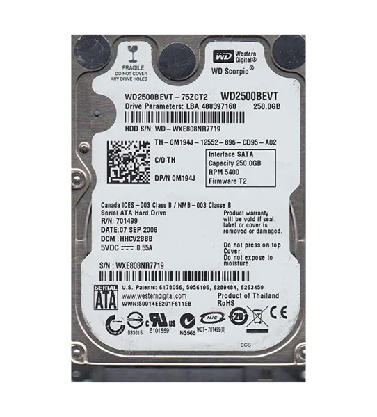 WD2500BEVT-75ZCT2 - Western Digital Scorpio Blue 250GB 5400RPM SATA 3Gb/s 8MB Cache 2.5-inch Hard Drive