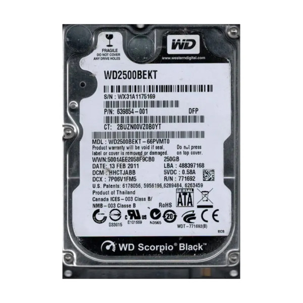 WD2500BEKT-66PVMT0 - WESTERN DIGITAL 250GB 2.5-Inch SATA Hard Drive 7200RPM 16MB Cache 3Gb/s RoHS Compliant Internal HDD
