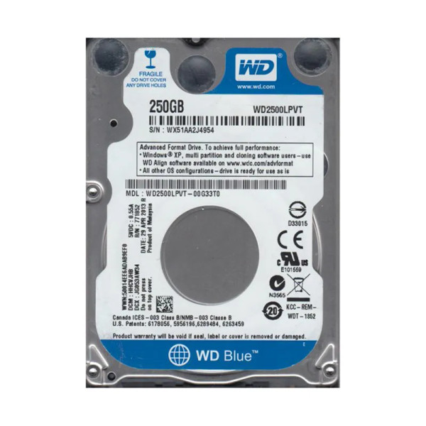 WD2500LPVT-00G33T0 - Western Digital Blue 250GB 5400RPM SATA 3Gb/s 8MB Cache CE 2.5-Inch Hard Drive