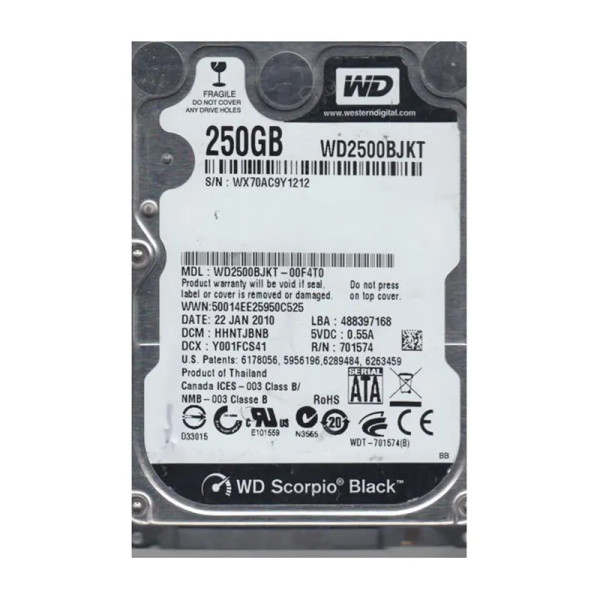 WD2500BJKT-00F4T0 - Western Digital Scorpio Black 250GB 7200RPM SATA 3Gb/s 16MB Cache RoHS 2.5-Inch Hard Drive