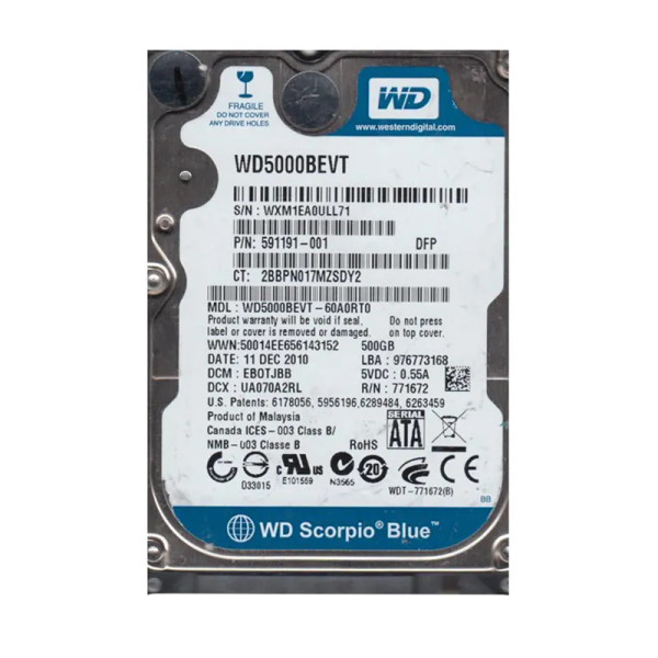 WD5000BEVT-60A0RT0 - WESTERN DIGITAL 500GB SATA 3Gb/s 5400RPM 2.5-Inch Hot-Swappable Hard Drive 8MB Cache RoHS Compliant