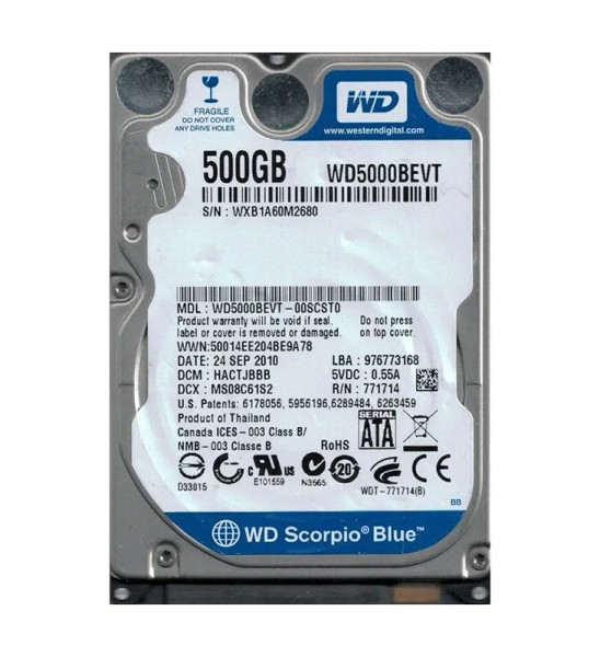 WD5000BEVT-00SCST0 - WESTERN DIGITAL 500GB SATA 3Gb/s 5400RPM 2.5-Inch Hard Drive Hot-Swappable 8MB Cache RoHS Compliant