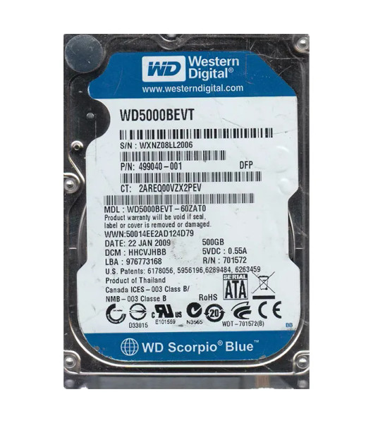 WD5000BEVT-60ZAT0 - WESTERN DIGITAL 500GB SATA 3Gb/s 5400RPM 2.5-Inch Hot-Swappable Hard Drive 8MB Cache RoHS Compliant